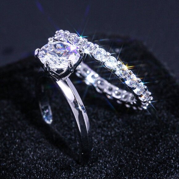 🍁  Beautiful 925 Silver Plated 2 Pcs CZ Wedding Ring, FB16FA1067 - Picture 6 of 7